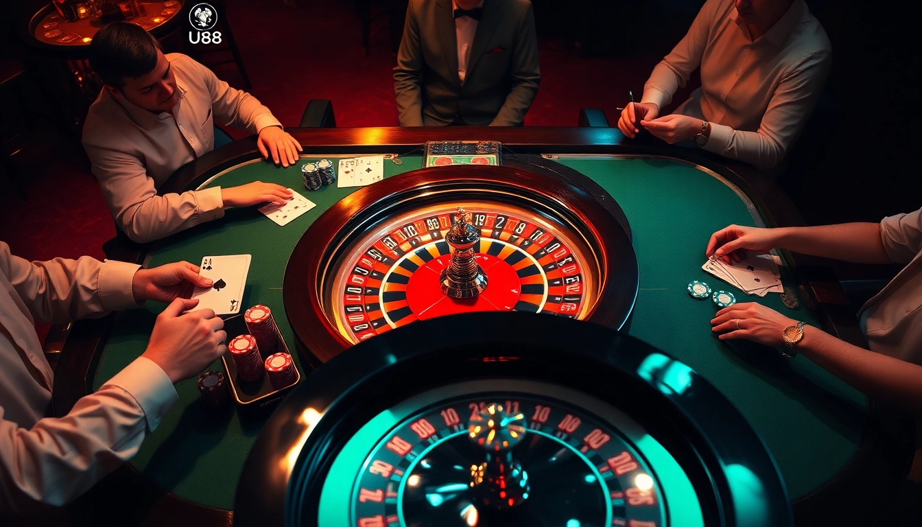 Experience the thrill of uu88 gaming in a vibrant casino scene with poker tables and winning chips.