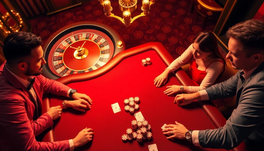 KJC-themed poker game showcasing luxury chips and cards at a lively casino table.