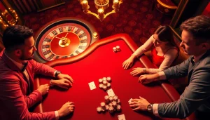 KJC-themed poker game showcasing luxury chips and cards at a lively casino table.