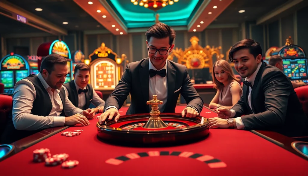Experience high-stakes action at xin88 com with a luxury casino scene featuring poker players and vibrant slot machines.