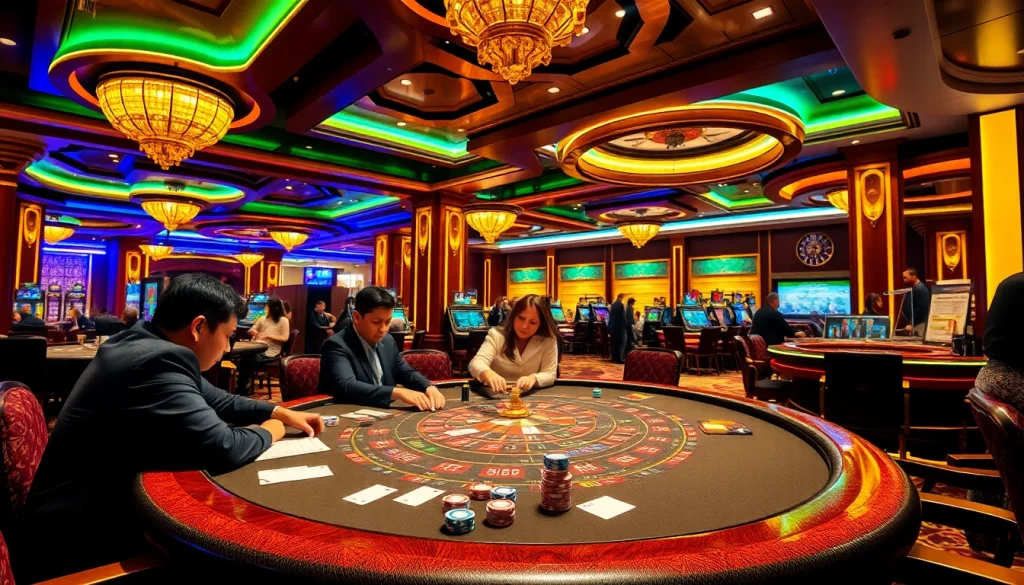 Engaged players strategize in the thrilling rikvip game bài đổi thưởng at a luxury casino.