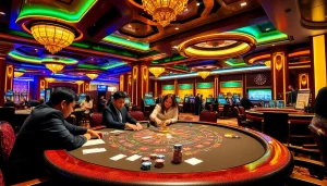 Engaged players strategize in the thrilling rikvip game bài đổi thưởng at a luxury casino.