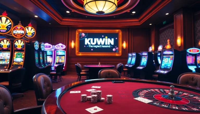 Kuwin poker scene with vibrant tables and dynamic slot machines in a luxurious casino environment.