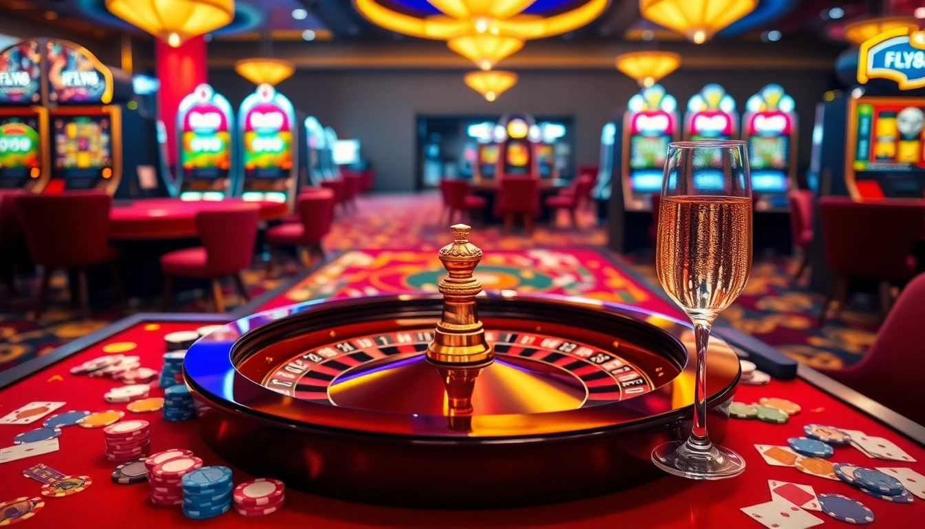 Engage in thrilling gameplay at the FLY88 casino with vibrant roulette and card action.