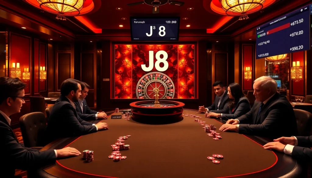 Experience high-stakes gaming at J8 with vibrant poker chips and a stylish casino atmosphere.