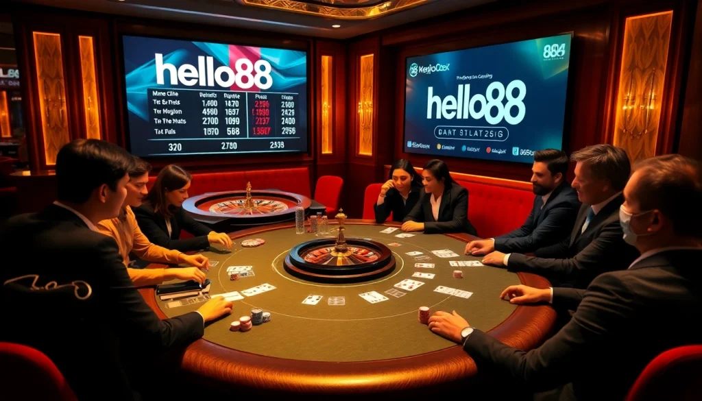 Players enjoy high-stakes poker with hello88 chips in an upscale casino atmosphere.