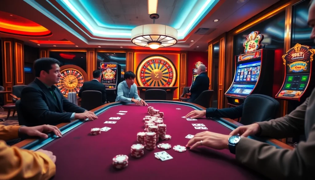 Players enjoying an exciting poker game with chips and cards at 9bet casino.