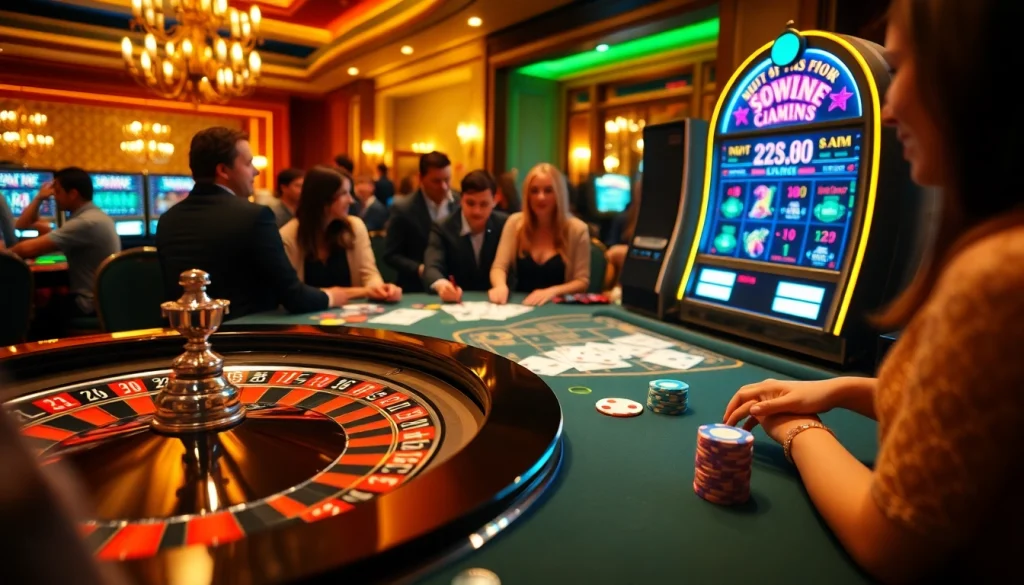 The exhilarating atmosphere of 98win64 captured in a luxurious casino featuring poker cards, roulette table, and vibrant chips.