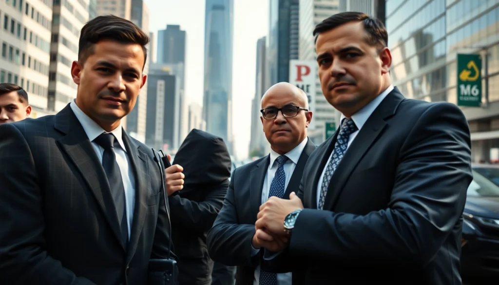 Executive protection team coordinating security in a busy urban environment.