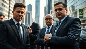 Executive protection team coordinating security in a busy urban environment.