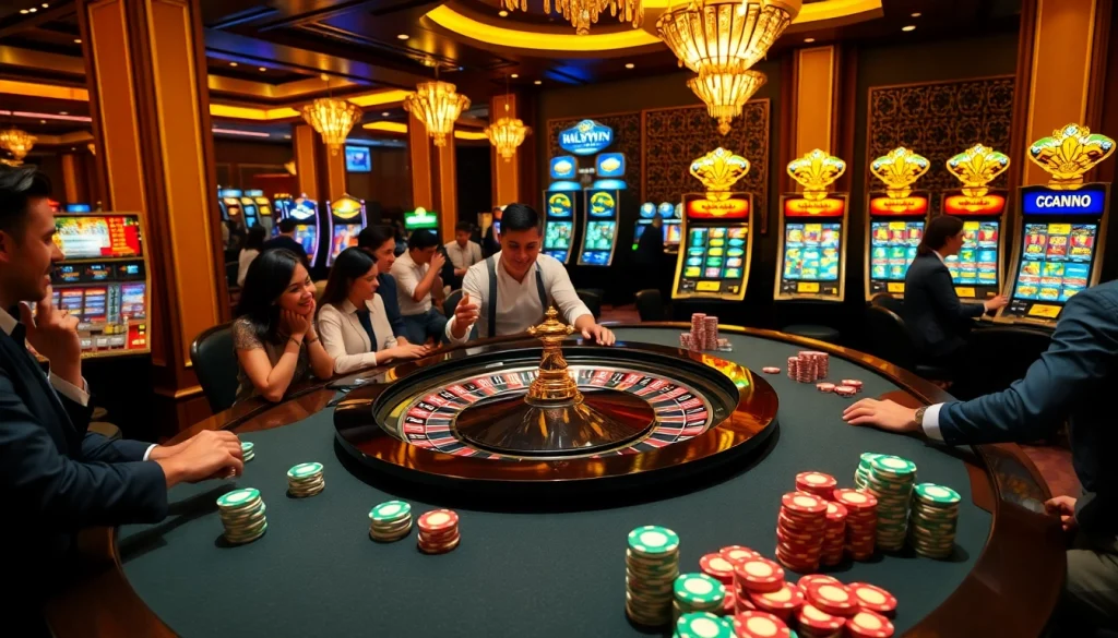 Winning at luckywin gh with roulette and excited players at a luxurious casino.
