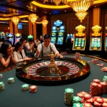 Winning at luckywin gh with roulette and excited players at a luxurious casino.