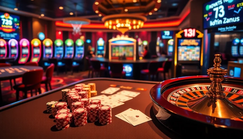 Experience the excitement of 13Win at a vibrant casino table with poker chips and a roulette wheel.