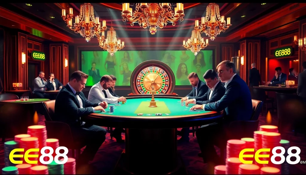 Players enjoying high-stakes poker at EE88 casino, surrounded by chips and a roulette wheel.