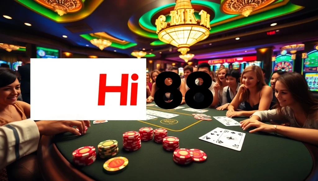 Hi88 engaging customers at a lively online casino table with vibrant poker chips and cards.