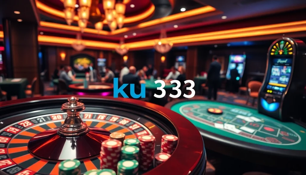 Play confidently at ku3933, featuring vibrant casino action with roulette wheels and poker tables.
