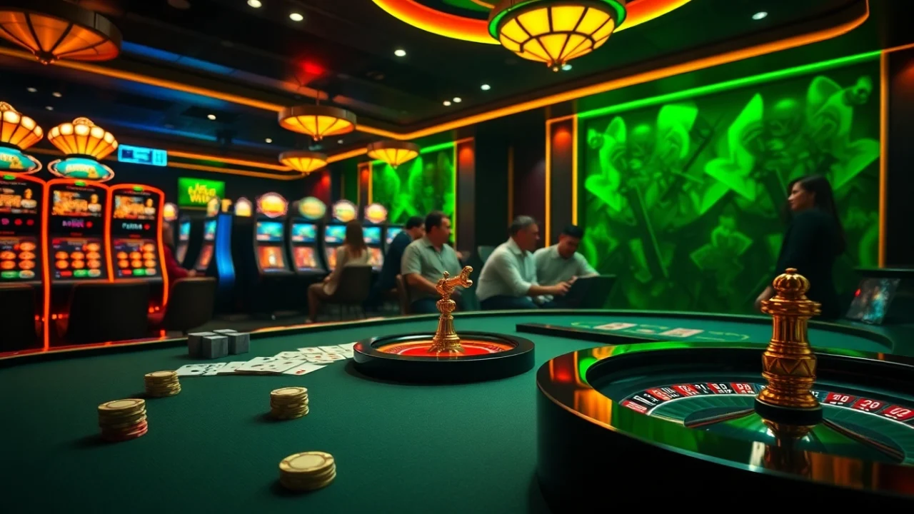 Vibrant gaming scene showcasing luck8 nhà cái uy tín with excited players at a modern casino table.