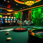 Vibrant gaming scene showcasing luck8 nhà cái uy tín with excited players at a modern casino table.