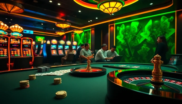 Vibrant gaming scene showcasing luck8 nhà cái uy tín with excited players at a modern casino table.
