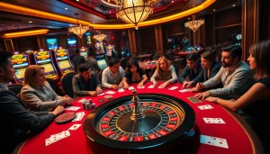 Players engaging in high-stakes poker at 79king, surrounded by vibrant casino decor and exciting gameplay.