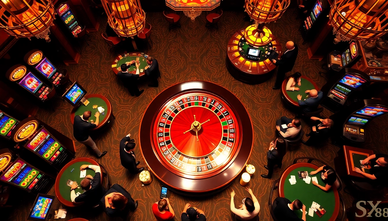 Excited gamblers enjoying SX 88-themed roulette and slot machines in a vibrant casino atmosphere.