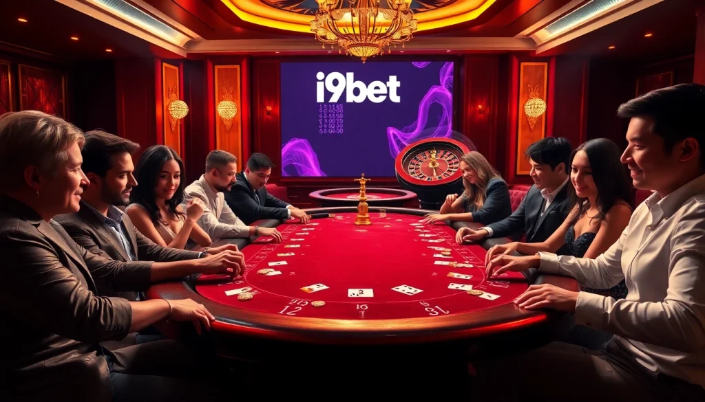 Engaging players strategizing at an i9bet poker table with vibrant aesthetics.