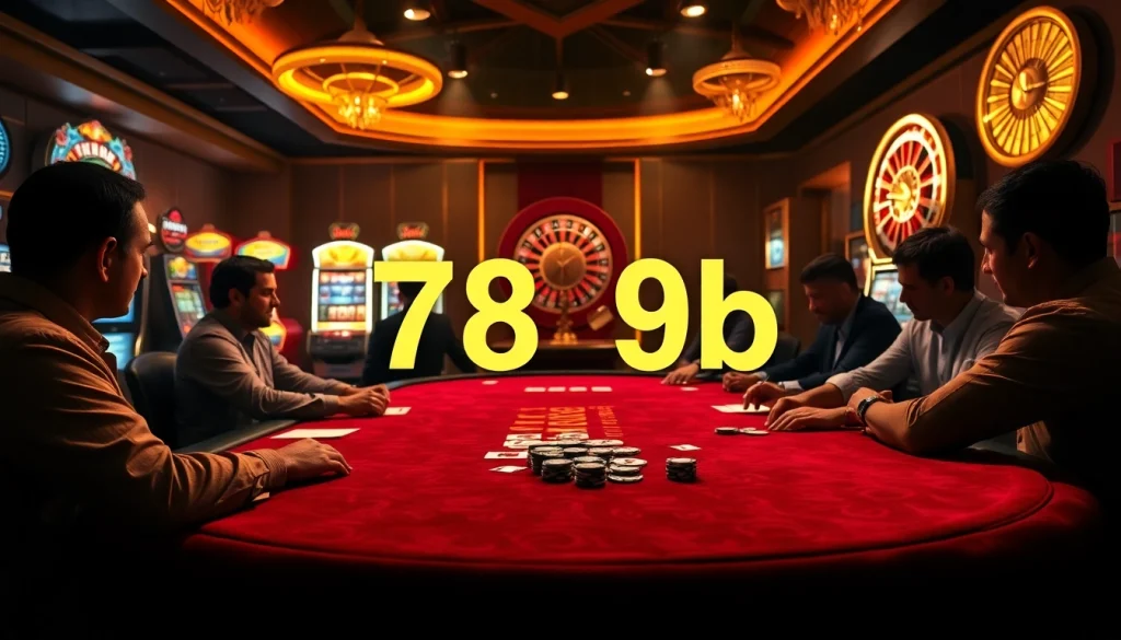 Players strategizing at a poker table in a luxurious casino, featuring the gaming term 789b prominently.