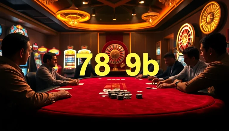 Players strategizing at a poker table in a luxurious casino, featuring the gaming term 789b prominently.