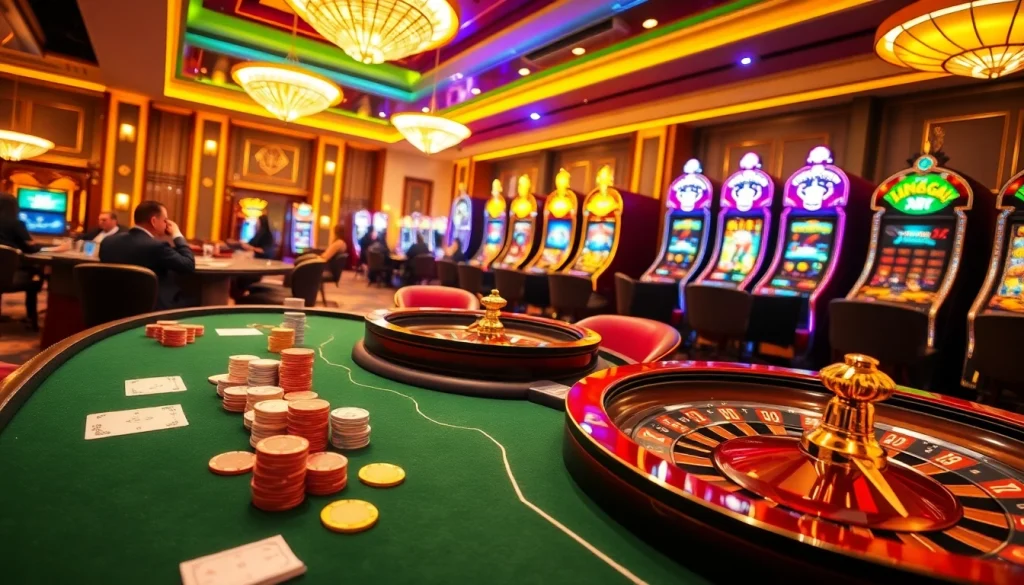 KING88 casino scene featuring poker, roulette, and slot machines, showcasing excitement and luxury.