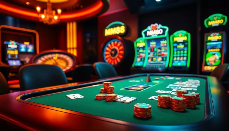 Engaging casino scene showcasing MM88 poker table and vibrant slot machines.