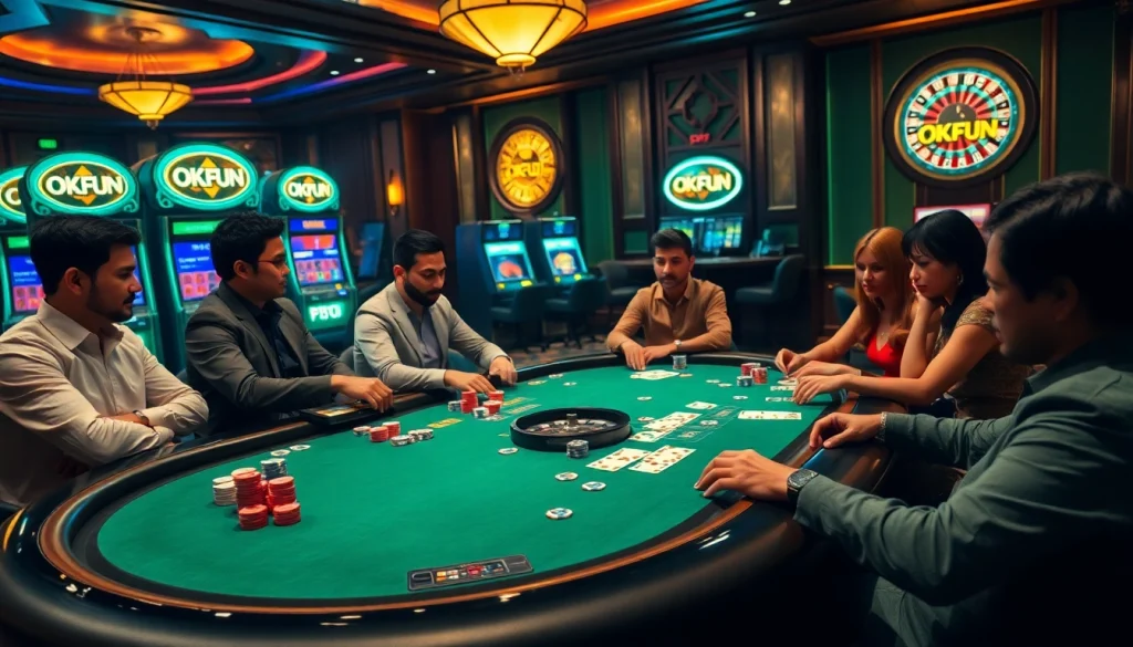 Players engage in a thrilling poker game at OkFUN casino, surrounded by vibrant slot machines and roulette wheels.