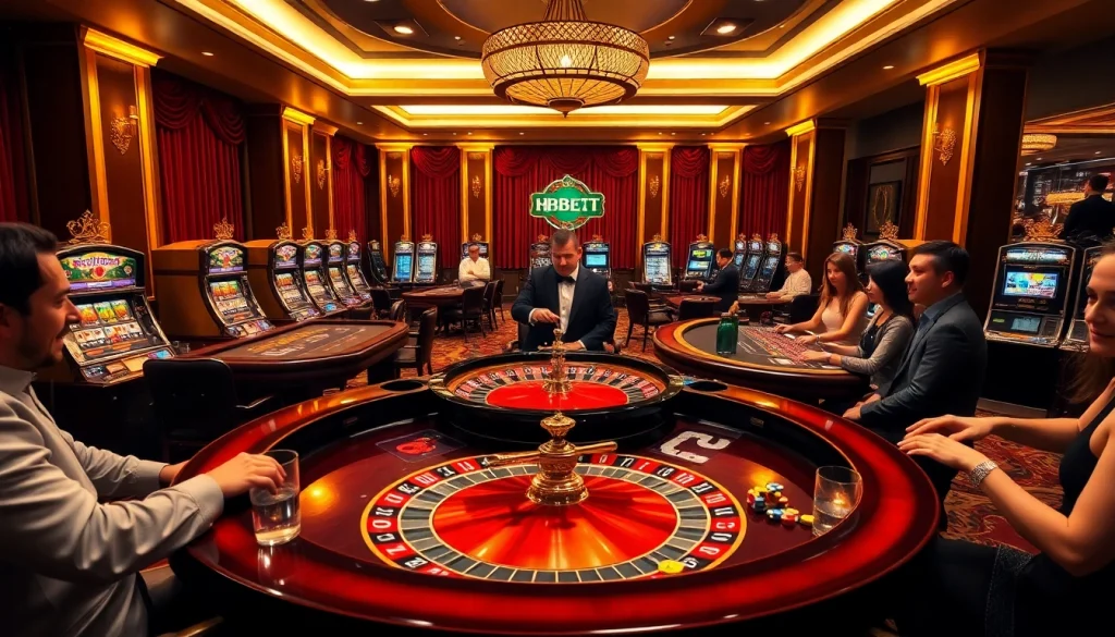Gamblers enjoying a thrilling roulette game at HBBET, showcasing excitement and luxury in a vibrant casino atmosphere.