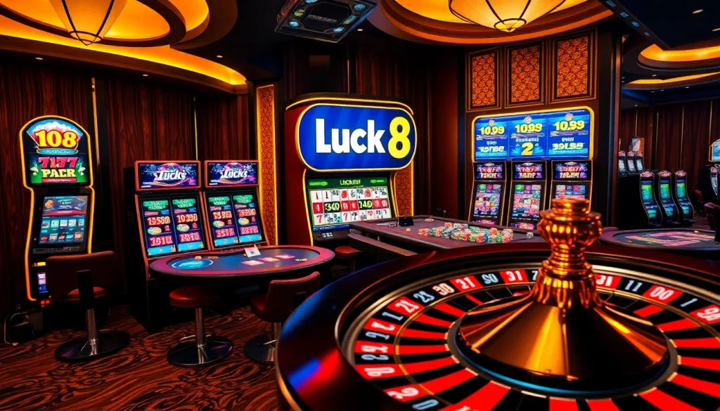 Experience the thrilling gaming action at Luck8's vibrant online casino, featuring engaging tables and slot machines.