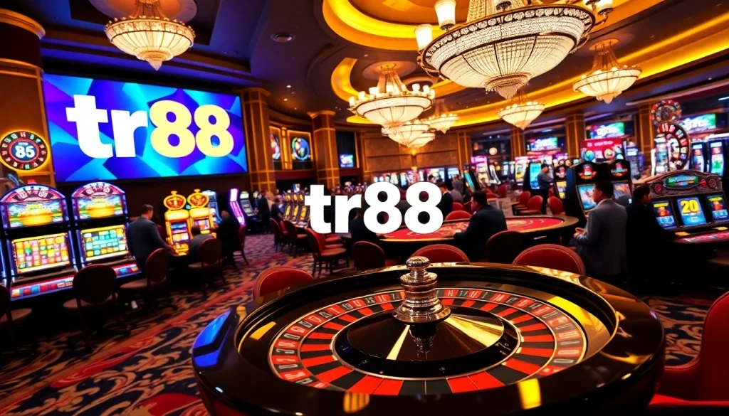 Players enjoying blackjack and slot machines in an elegant casino, highlighting the excitement of tr88 gaming.