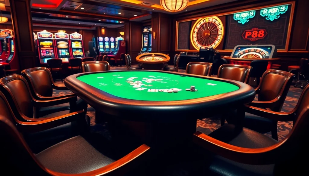 Experience thrilling gameplay with Kp88 at a luxurious poker table surrounded by colorful slot machines.