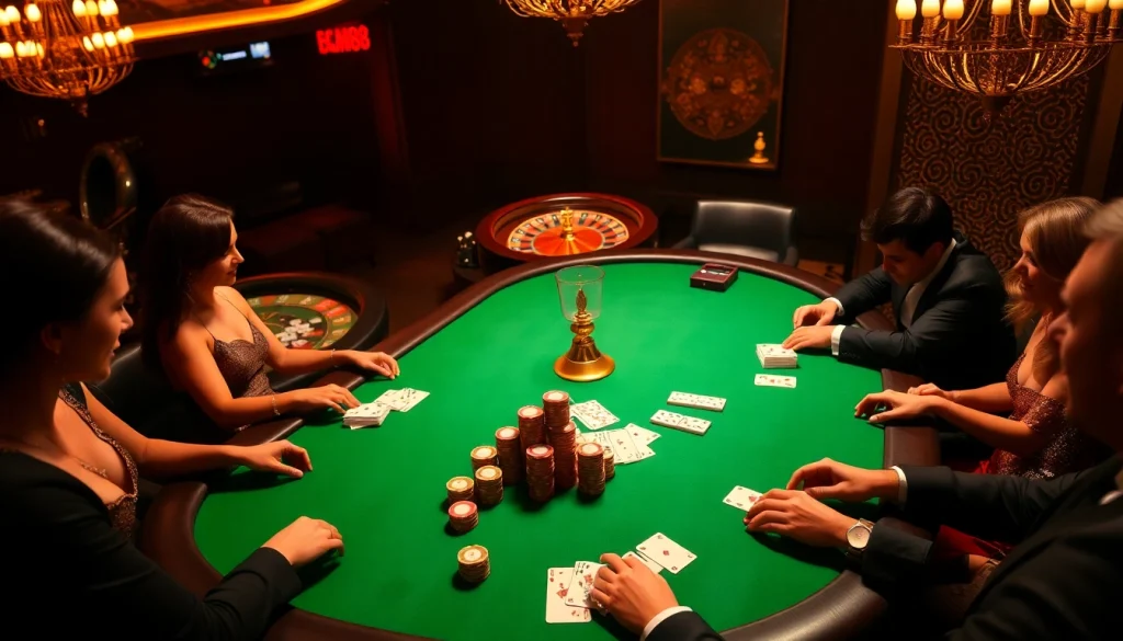 Engaging poker game showcasing bem88 chips and cards under warm lights.