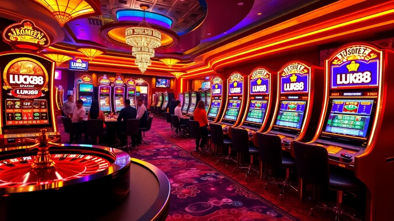 LUCK88 slot machines vibrant scene with excited players in an immersive casino atmosphere.