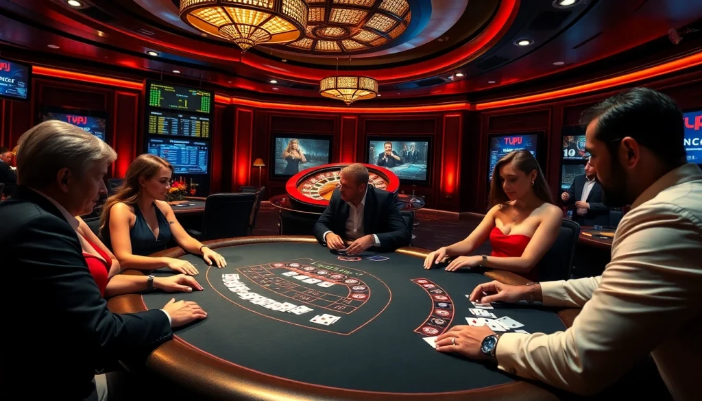 Players strategizing at a TPJ-themed poker table, embodying the excitement of high-stakes gambling.