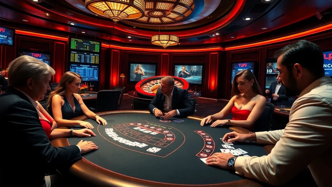Players strategizing at a TPJ-themed poker table, embodying the excitement of high-stakes gambling.