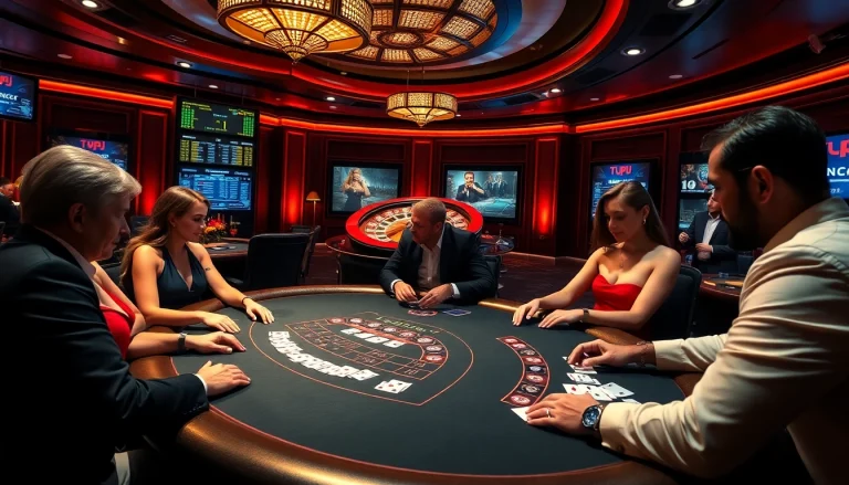 Players strategizing at a TPJ-themed poker table, embodying the excitement of high-stakes gambling.