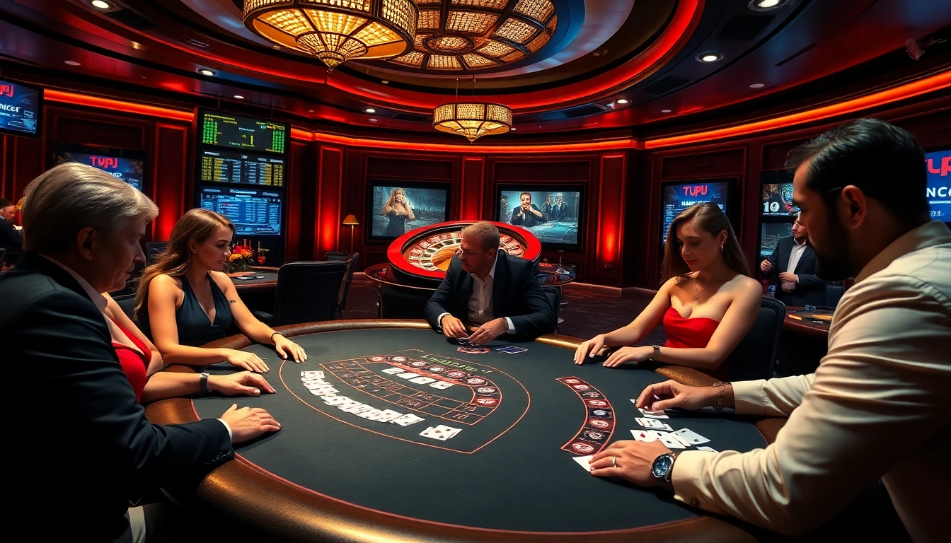 Players strategizing at a TPJ-themed poker table, embodying the excitement of high-stakes gambling.