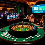 Excitement at a luxurious casino showcasing 89bet's vibrant gambling atmosphere with roulette and slot machines.