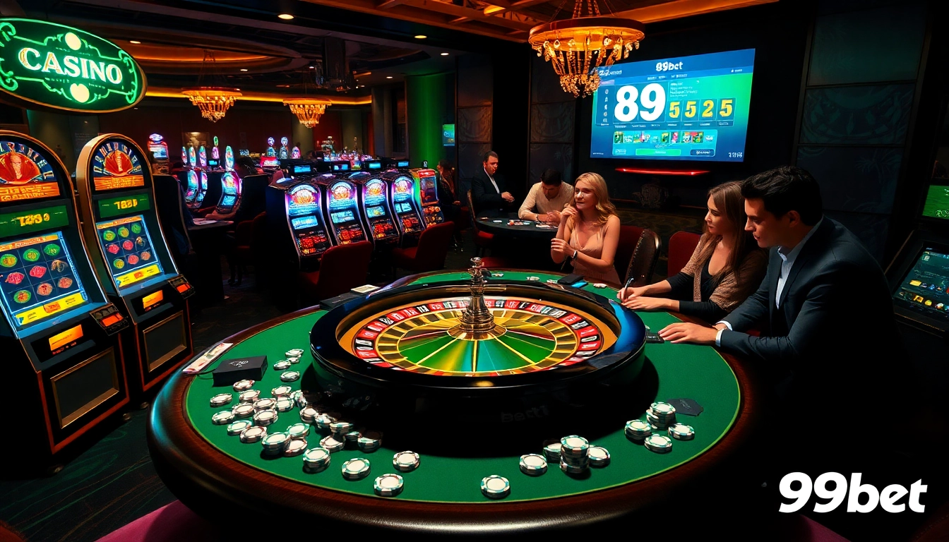 Excitement at a luxurious casino showcasing 89bet's vibrant gambling atmosphere with roulette and slot machines.