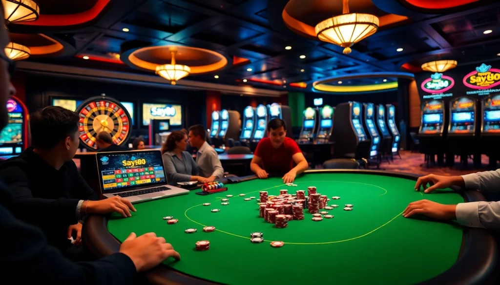Engage in the thrill of poker with say88 com at a lavish casino table filled with chips and cards.