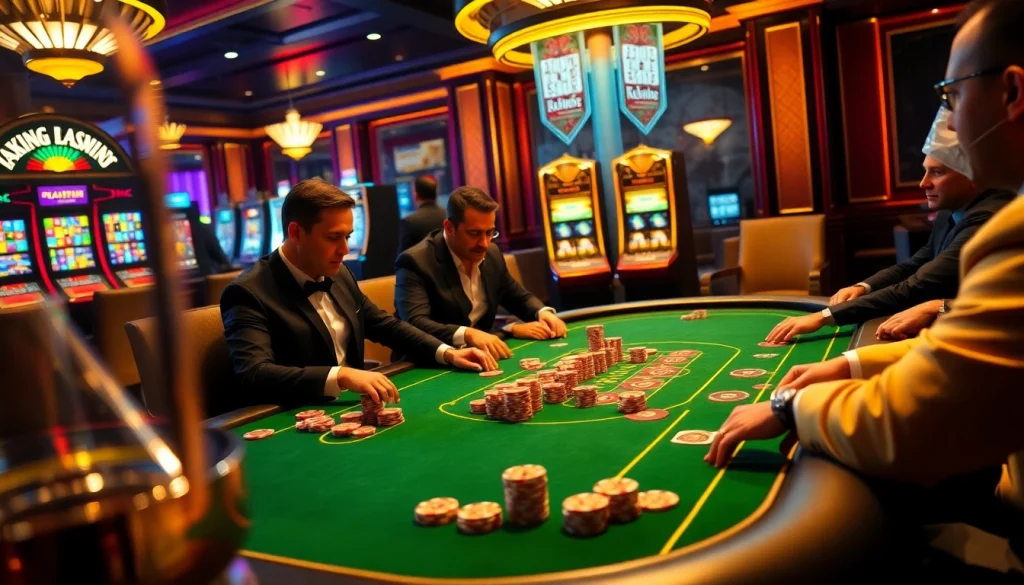 Kuwin players strategizing at a luxurious poker table in an upscale casino environment.