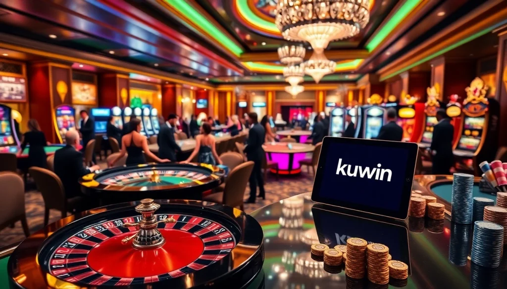 Kuwin's luxurious casino scene showcasing exciting gameplay with roulette wheel and poker chips.