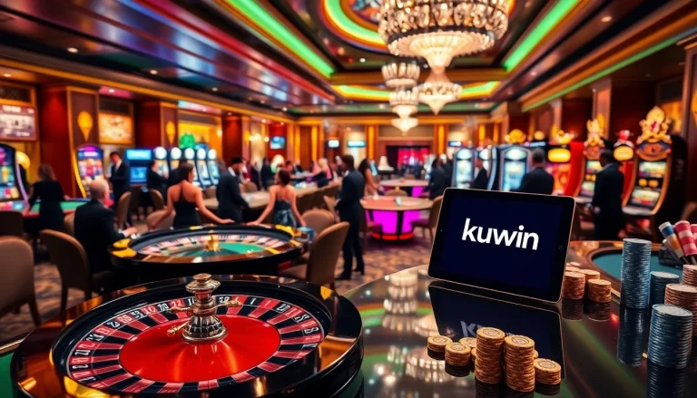 Kuwin's luxurious casino scene showcasing exciting gameplay with roulette wheel and poker chips.