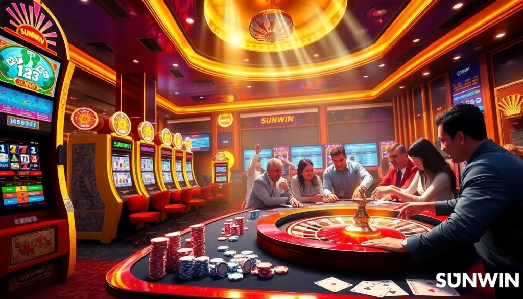 SUNWIN's thrilling casino experience with colorful slot machines and engaged players at the tables.
