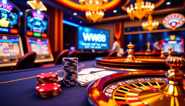 Find the latest link vào ww88 in a vibrant online casino scene featuring poker chips, cards, and roulette wheels.
