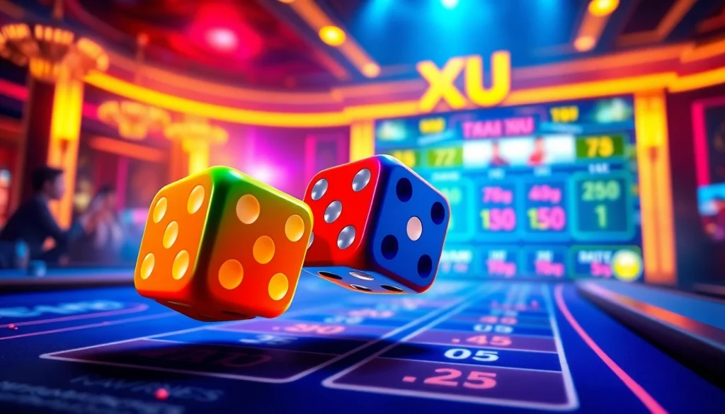 Tài xỉu md5 game with colorful dice and vibrant casino ambiance, capturing excitement.